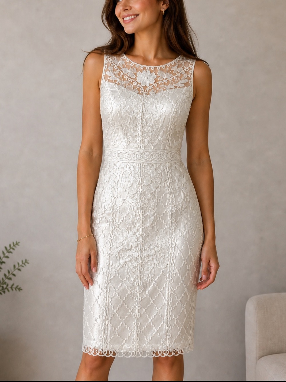 NWOT Sue Wong white embroidered sleeveless special occasion lace dress